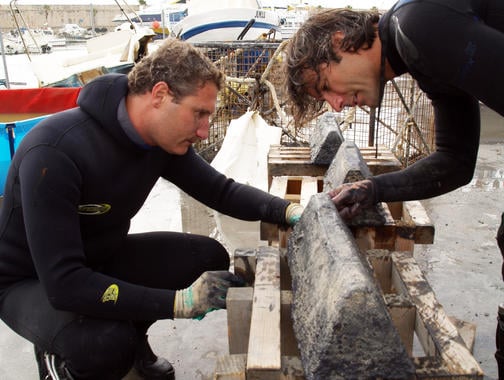 Buzos junto a un lingote romano de plomo extraído del pecio Bou Ferrer. / Jose A. Moya - UA