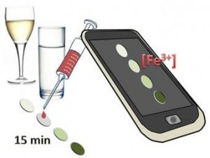 Una gota de fluido sobre el material inteligente informa del hierro en sangre, agua o vino con la ayuda del móvil. / UBU