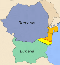Mapa de Rumania y Bulgaria que se reparten la región de la Dobruja:      Dobrudja septentrional (Rumanía)      Dobrudja meridional (Bulgaria)